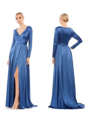 Mac Duggal Satin Midnight Blue V-Neck Long Sleeve Gown